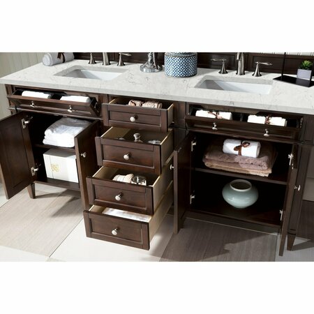 James Martin Vanities Brittany 72in Double Vanity, Burnished Mahogany w/ 3 CM Eternal Jasmine Pearl Quartz Top 650-V72-BNM-3EJP